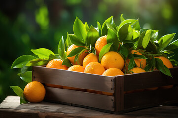 Wall Mural - Ripe tangerines in a wooden box