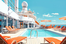 View On Top Deck With Swimming Pool On A Cruise Ship. Vacation On A Cruise Ship. Cruise. Descent On The Ship.