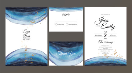 Canvas Print - Set of Wedding Invitation, watercolor textures and fake gold splashes for a luxurious touch