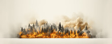 Minimalist Illustration Of A Fire Burning In The Middle Of A Forest, Isolated Forest In Panoramic Banner In Soft Background, Climat Change Wallpaper, AI 