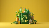 Fototapeta Natura - green recyclable item with recycling symbol on a yellow background, recycling container, batch of plastic bottles, plastic waste, plant, ecology banner, AI