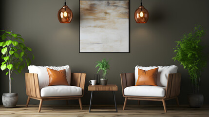 Wall Mural - Two white chairs against stucco wall with big canvas poster. Scandinavian interior design of modern living room