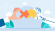 © Yurii - Man and AI robot hand connects puzzle together. Robot and Businessman Hand holding puzzle. Human and AI Artificial Intelligence working together. Partnership with a robot concept. Vector illustration