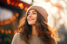 Beautiful Young Woman Portrait Smiling Outdoors. Cold Autumn Winter Season. Happiness, Calm, Wellness.