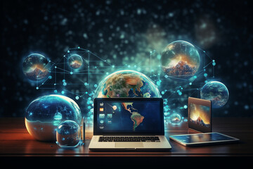 technology devices and icons connected to digital planet earth