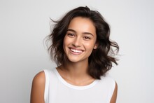 Closeup Photo Portrait Of A Beautiful Young Latin Hispanic Model Woman Smiling With Clean Teeth. Used For A Dental Ad. Isolated On Light Background.