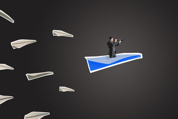 Sticker - Side view of young businessman with telescope flying on abstract blue paper plane on dark background. Leadership, journey, discovery and career concept.