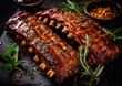 Spare ribs with barbeque marinade and rosemary on table.Macro.AI Generative