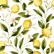 Lemon seamless watercolor pattern with white flowers and lemons tropical background