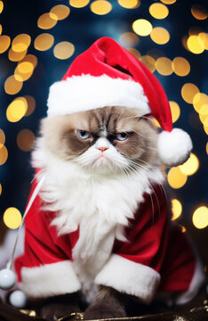Wall Mural -  - Grumpy cat wearing Santa Claus costume on Christmas glittering lights