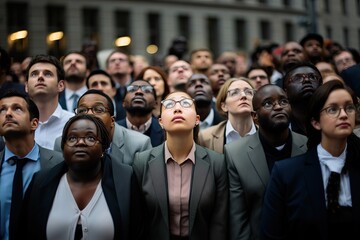 A group of people of different nationalities on the street look up, interested in some event or phenomenon in the sky