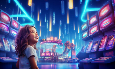 Sticker - happy Young Girl in a amusement Park  staring at glowing lights