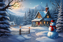 Christmas Card With A Snowman In Front Of Snow-covered Houses In The Forest On Christmas Night, AI Generation