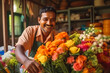 Happy indian man florist arranging flowers into bouquet in flower shop.