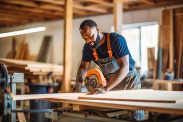 Young black male wood worker working in his store.