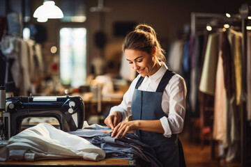 Young caucasian female tailor working in her store. Smiling woman seamstress.