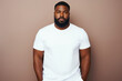 © World of AI - design mockup: black plus sized man wearing a blank white t-shirt, studio shot