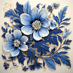 Wall Mural - Generative AI - Floral design illustration in Russian folk style similar to Gzhel white and blue shadows