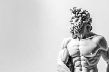 Greek god sculpture, statue of a man made from marble on white background with copy space for text, Generative AI