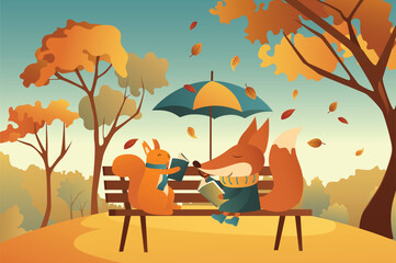 Wall Mural - Autumn background animals read books in a cartoon style. Cute animals are reading books in a cozy autumn forest. Vector illustration.