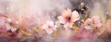 Abstract Painted Oil Acrylic Painting Of White Pink Cherry Flowers With Gold Details Background Wallpaper Texture On Canvas