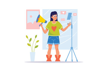 Wall Mural - blogging concept with people scene in the flat cartoon design. a young blogger makes content for her