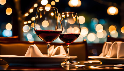 Glasses placed on restaurant table with table coordination setup and sparkling bokeh background