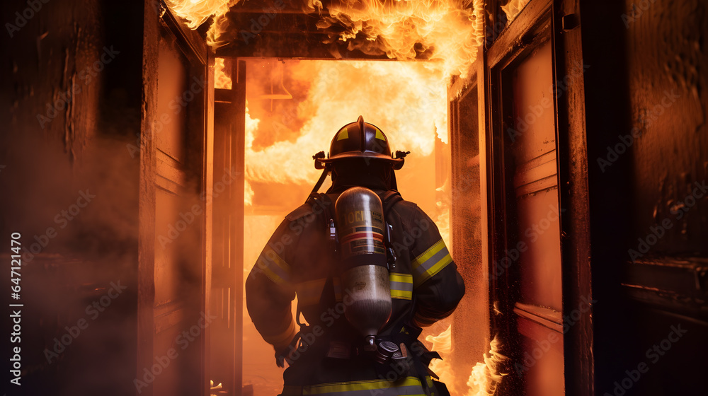 Brave Firefighter Rushing into a Burning Building to Save Lives and ...