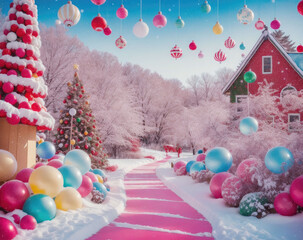 Illustration of Pink Candyland City, Christmas Decoration, and Celebration