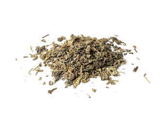 Wall Mural - Green Tea Leaves Mix Isolated, Dry Fresh Herbal Tea Pile, Healthy Drink Ingredient, Green Tea Leaves on White