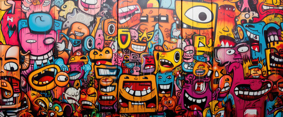 Wall Mural - Whimsical graffiti wall featuring cartoon faces