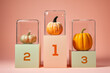 © SM.Art - Attractive colorful Pumpkins on podiums, isolated on pastel background, Halloween seasonal holiday competition