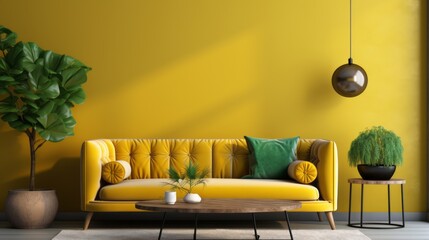 A vibrant yellow tufted sofa and green cushions are seen near a stucco wall. Interior design of modern living room.