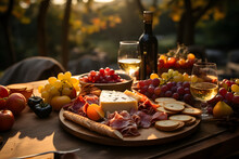 Autumn Picnic Bliss: A picnic spread featuring a charcuterie board, cheese, and seasonal fruits, arranged on a cozy blanket amidst the colorful autumn foliage...