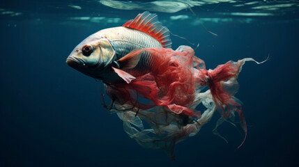 fish in the water entangled in waste plastic thrown away by people, caring for the environment, recycling waste