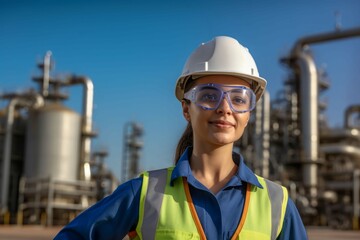 Female engineer smiling on oil refinery. Generate Ai