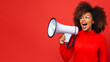 © World of AI - Black friday Sale: black woman with a megaphone on a bright red background with copy space