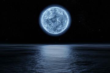 Wall Mural - Abstract 3d render platform and podium background, The blue moon shine reflects on the water surface, Backdrop night sky and star for product display, advertising, cosmetic, skincare or etc