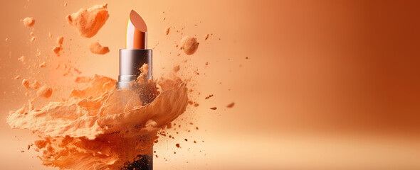 Wall Mural - Generative AI, Apricot color lipstick, orange powder splashes and smoke with copy space.