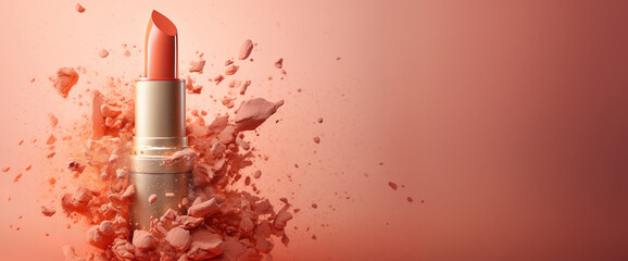 Wall Mural - Generative AI, Apricot color lipstick, orange powder splashes and smoke with copy space.