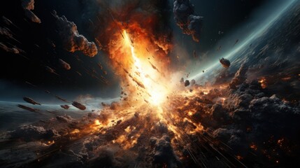 Wall Mural - an apocalypse in space destroys cosmic objects. rockets fight for world domination