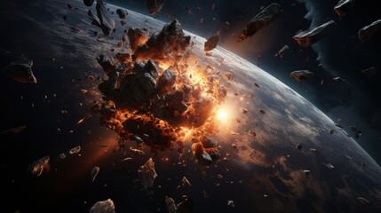 Wall Mural - an apocalypse in space destroys cosmic objects. rockets fight for world domination