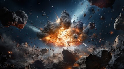 Wall Mural - an apocalypse in space destroys cosmic objects. rockets fight for world domination