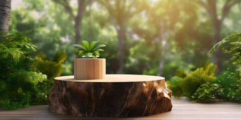 Wooden podium with a blurred green garden background, nature concept. AI generated