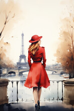 Nostalgia For Old Paris: Watercolor Illustration Of A Beautiful French Woman Near The Eiffel Tower