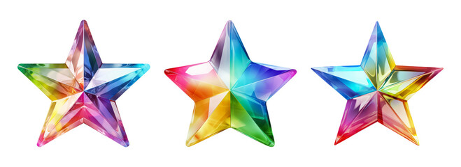 set of three different glossy 3d star symbols isolated on white background.
