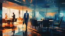 Corporate world in motion, blurred conference room, dark amber, indigo, luxurious professionalism.