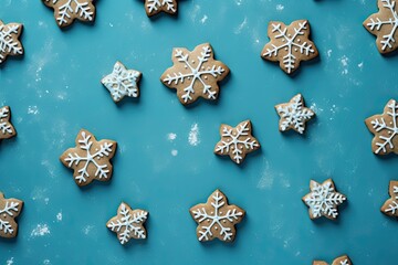 Wall Mural - tasty decorated christmas cookies on blue background