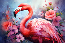 Exotic Bird Pink Flamingo In Flowers, In Watercolor Style