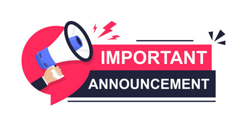 Hand holds megaphone - an important announcement. Warning Megaphone Tag. Banner for business, marketing and advertising. Megaphone with an important speech. Speaker. Vector